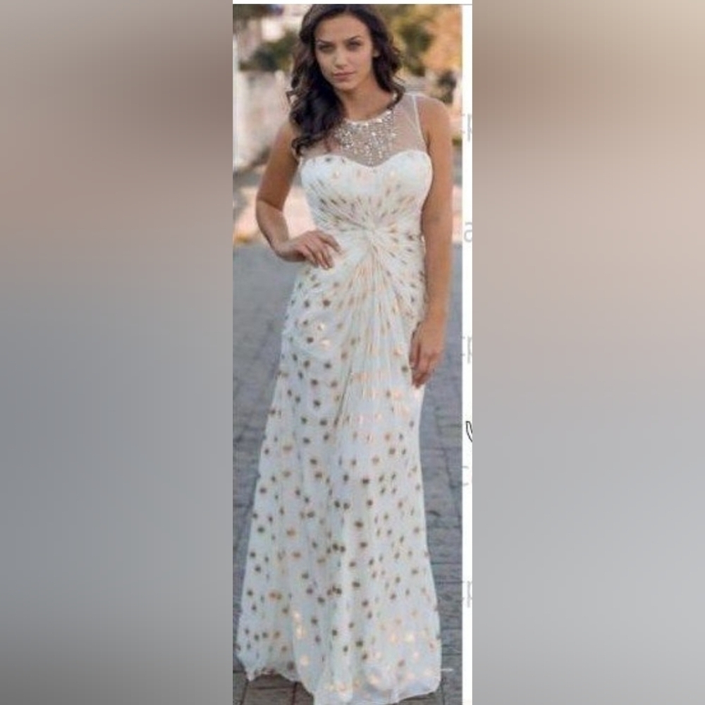 Adrianna Papell Beaded Knot Front Foil Dot Chiffon Dress, Ivory